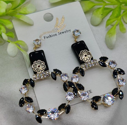 Imported Elegant Floral Hoop Earrings With Black And Crystal Accents | Best Quality Earrings For Girls & Women | Luxury Look Earrings