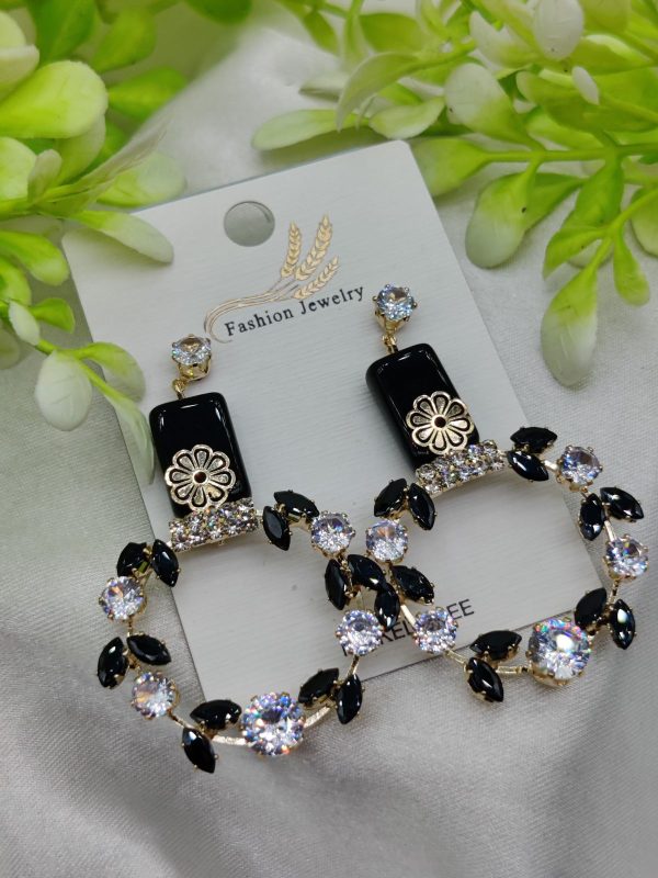 Imported Elegant Floral Hoop Earrings With Black And Crystal Accents | Best Quality Earrings For Girls & Women | Luxury Look Earrings